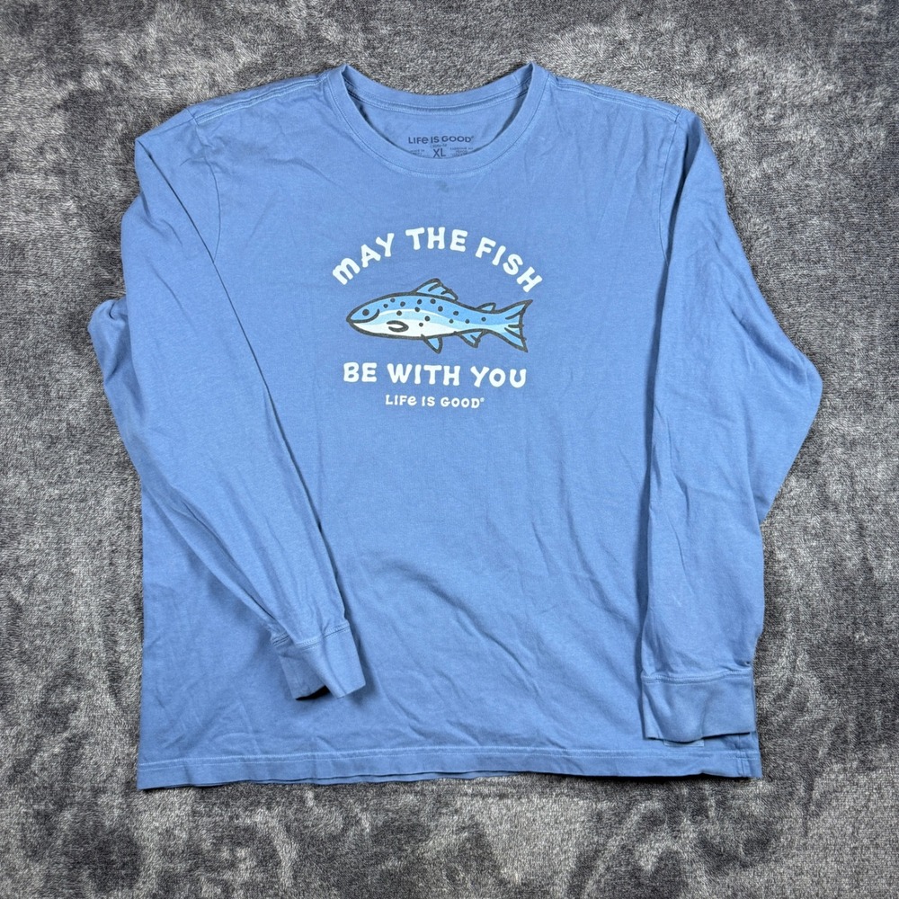 Life is Good Mens XL Blue May The Fish Be With You Long Sleeve Crusher T-Shirt